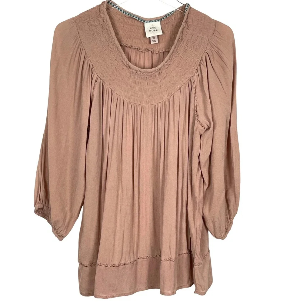 Knox Rose Blouse Womens XL Pink Excellent Smocked Boho 3/4 Sleeve Rayon Top - Picture 2 of 15
